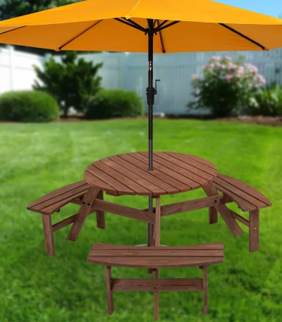 Solid Wood Round Outdoor Picnic Table with 3 Curved Benches, Weatherproof Wooden,Outdoor Patio Dining Furniture with Umbrella HoleWeather Resistant Patio Dining Furniture Set for Garden Backyard Deck