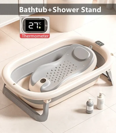 Multi-Functional Collapsible Baby Bathtub with Bath Rack and Non-Slip Mat Foldable Baby Shower Tub Portable Space Saving