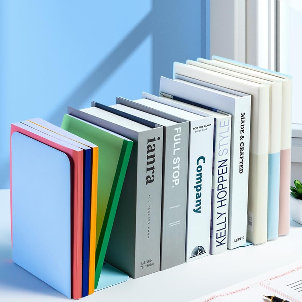 M&G Book Ends 1 Pair, Blue Large Metal Bookends for Shelves, L-Type Book Stopper for Heavy Books, Non-Skid Bookstand for Office Home School Supplies - Image 3