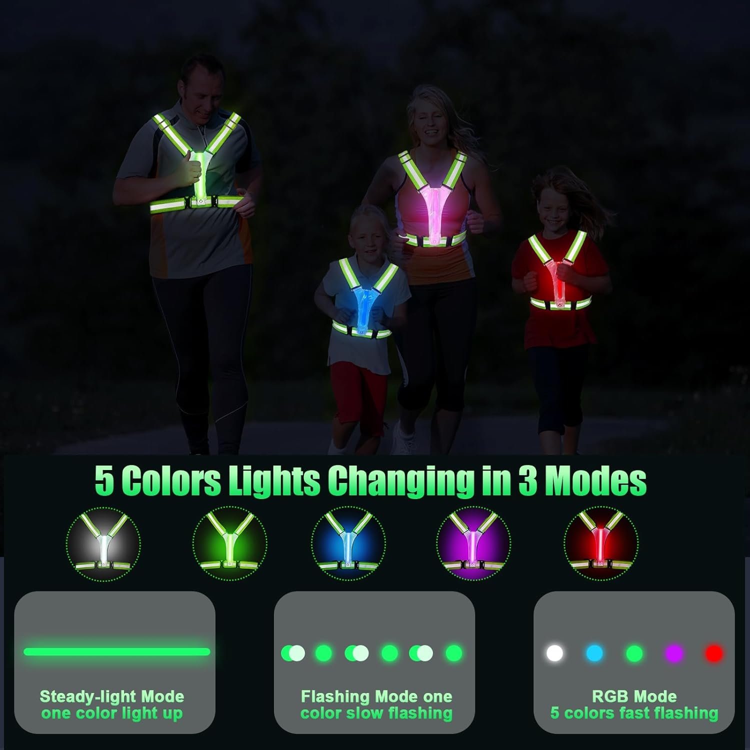 LED Reflective Vest Running Gear, 5 Colors Lights Up Running Vest for Night Walking Cycling Jogging, Adjustable Size for Men Women, Rechargeable and High Visible - Image 4