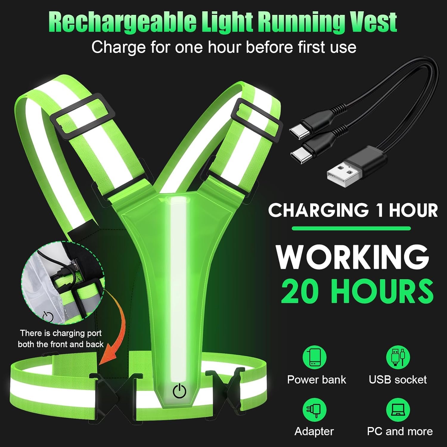 LED Reflective Vest Running Gear, 5 Colors Lights Up Running Vest for Night Walking Cycling Jogging, Adjustable Size for Men Women, Rechargeable and High Visible - Image 6