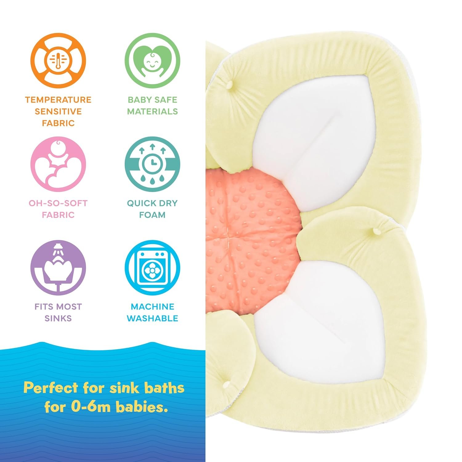Blooming Baby ColorBloom Baby Bath Seat for Sink - Temperature-Sensing Color-Changing Fabric, Plush Lotus Bath Cushion, Fits Most Sinks, Machine Washable, Newborn Bath Support (0–6 Months) - Image 4