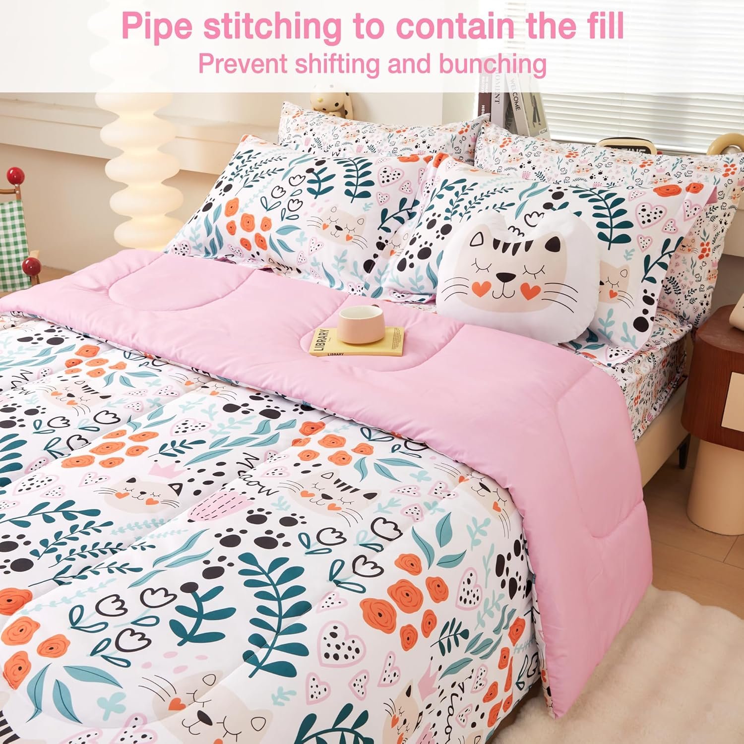 Mooreeke Twin Size Comforter Sets for Girls Kids, 6 Pieces Bed in a Bag Flower and Cat Bedding Comforter Sheet Set with Shams and Decorative Toy Pillow, Ultral Soft Microfiber Kids Bed Set - Image 3