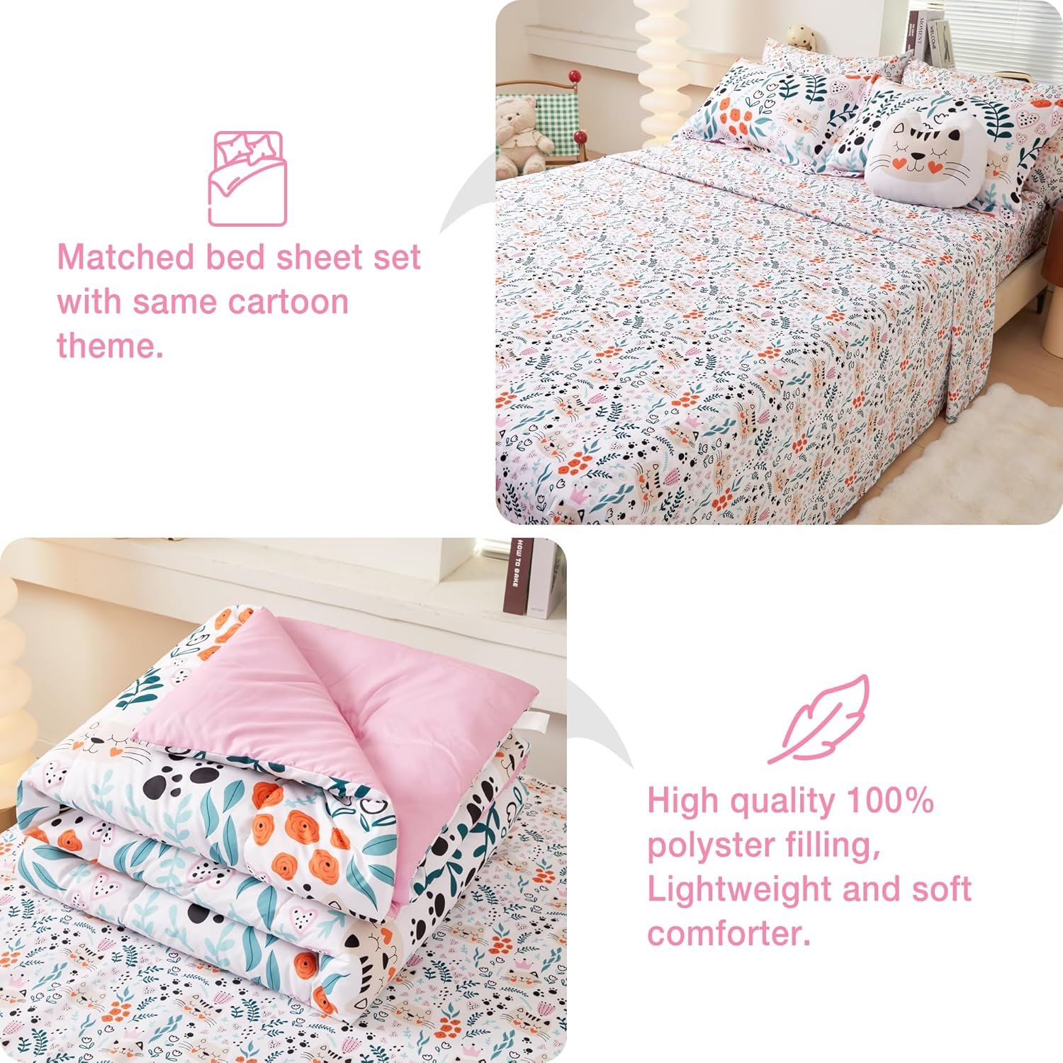Mooreeke Twin Size Comforter Sets for Girls Kids, 6 Pieces Bed in a Bag Flower and Cat Bedding Comforter Sheet Set with Shams and Decorative Toy Pillow, Ultral Soft Microfiber Kids Bed Set - Image 4