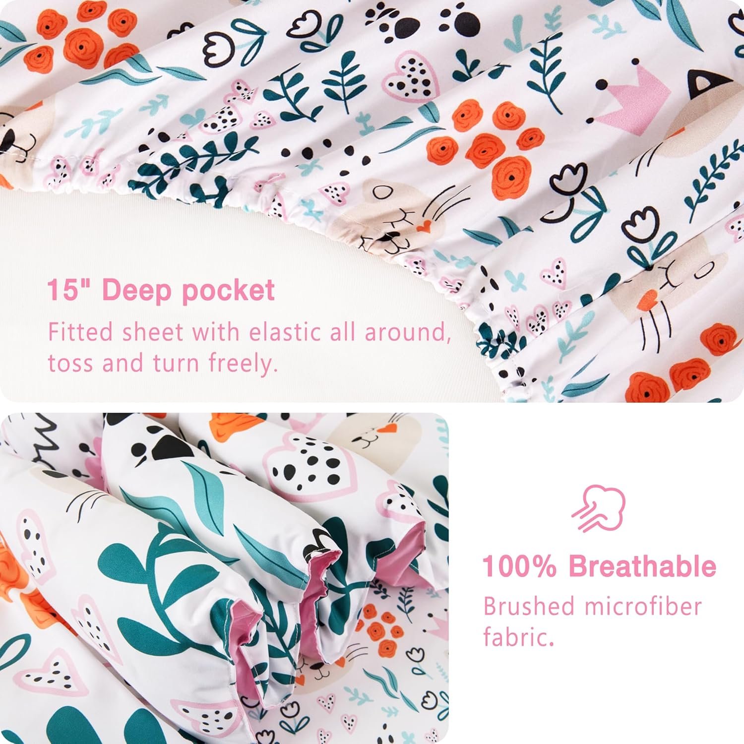 Mooreeke Twin Size Comforter Sets for Girls Kids, 6 Pieces Bed in a Bag Flower and Cat Bedding Comforter Sheet Set with Shams and Decorative Toy Pillow, Ultral Soft Microfiber Kids Bed Set - Image 5
