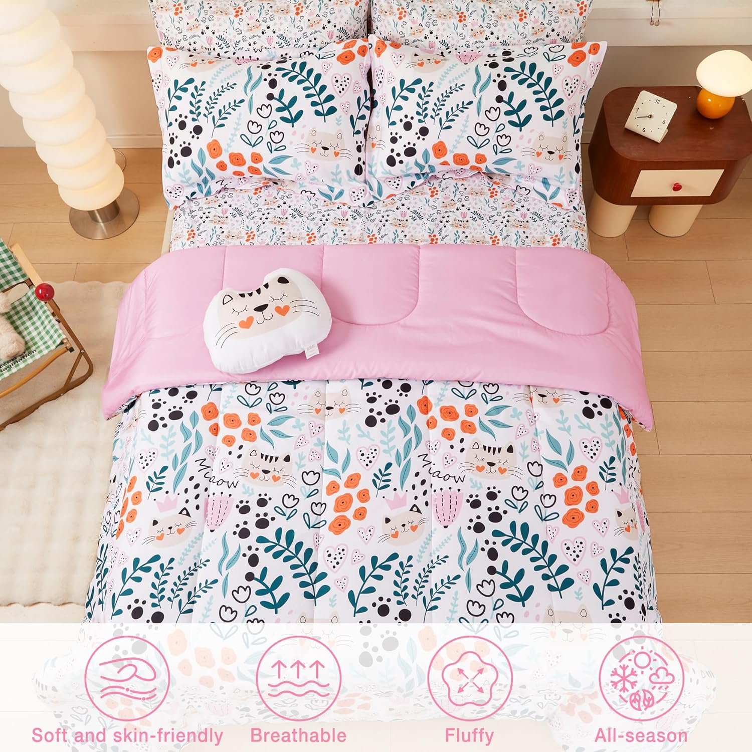 Mooreeke Twin Size Comforter Sets for Girls Kids, 6 Pieces Bed in a Bag Flower and Cat Bedding Comforter Sheet Set with Shams and Decorative Toy Pillow, Ultral Soft Microfiber Kids Bed Set - Image 6