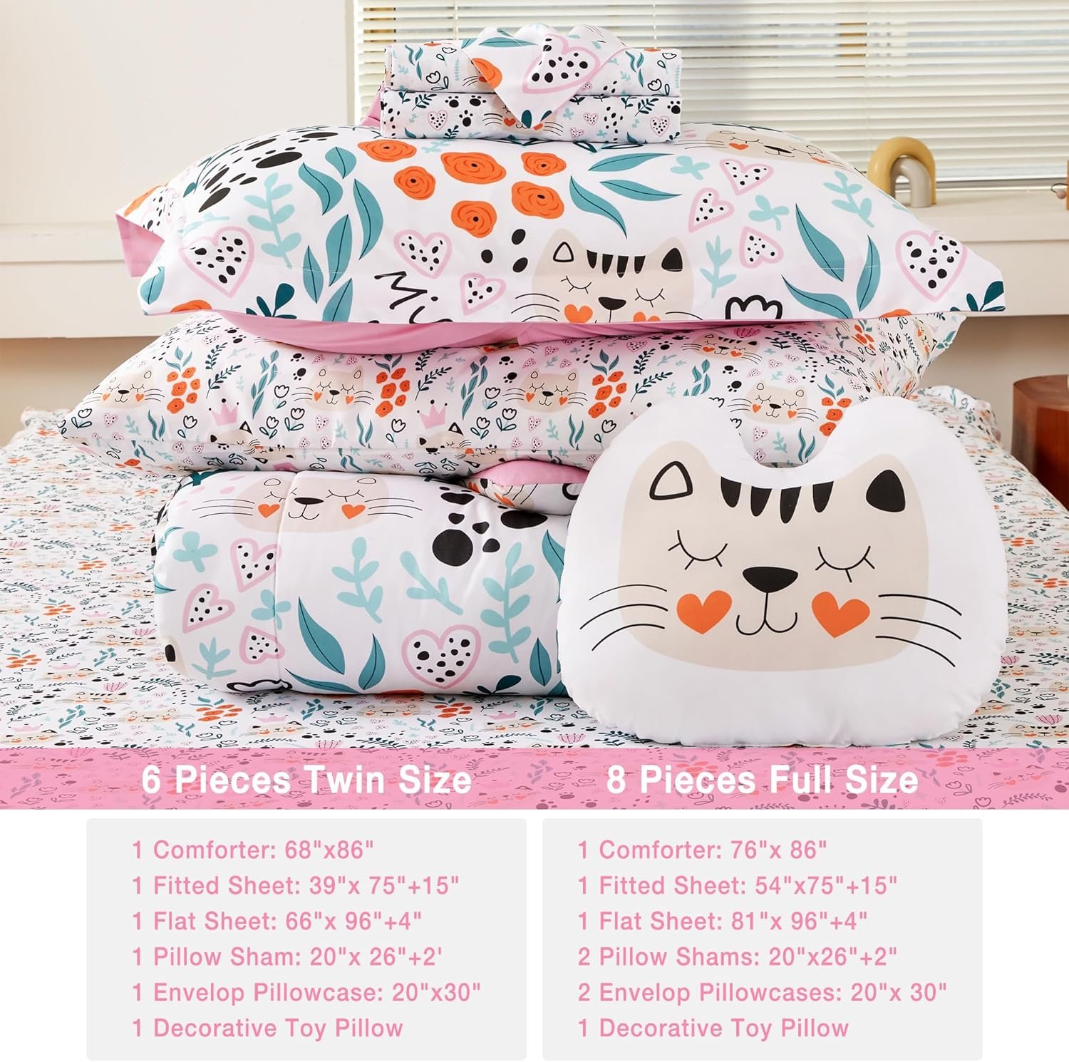 Mooreeke Twin Size Comforter Sets for Girls Kids, 6 Pieces Bed in a Bag Flower and Cat Bedding Comforter Sheet Set with Shams and Decorative Toy Pillow, Ultral Soft Microfiber Kids Bed Set - Image 7