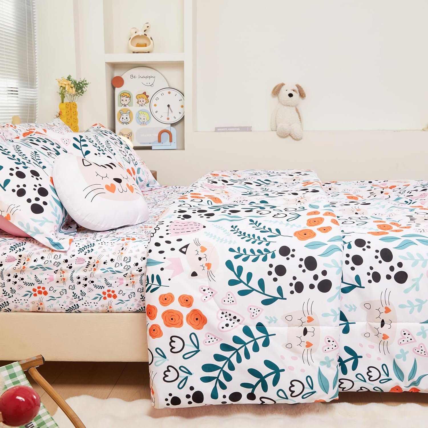 Mooreeke Twin Size Comforter Sets for Girls Kids, 6 Pieces Bed in a Bag Flower and Cat Bedding Comforter Sheet Set with Shams and Decorative Toy Pillow, Ultral Soft Microfiber Kids Bed Set - Image 8