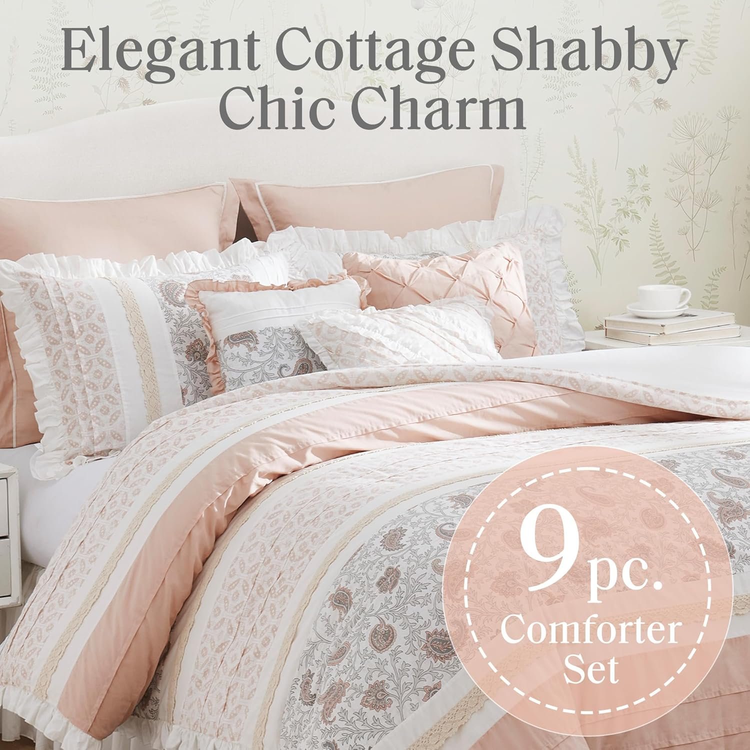 Madison Park Dawn 100% Cotton Shabby Chic Comforter Set-Modern Cottage Design All Season Down Alternative Bedding, Matching Shams, Bedskirt, Decorative Pillows, Queen(90"x90"), Blush 9 Piece - Image 3