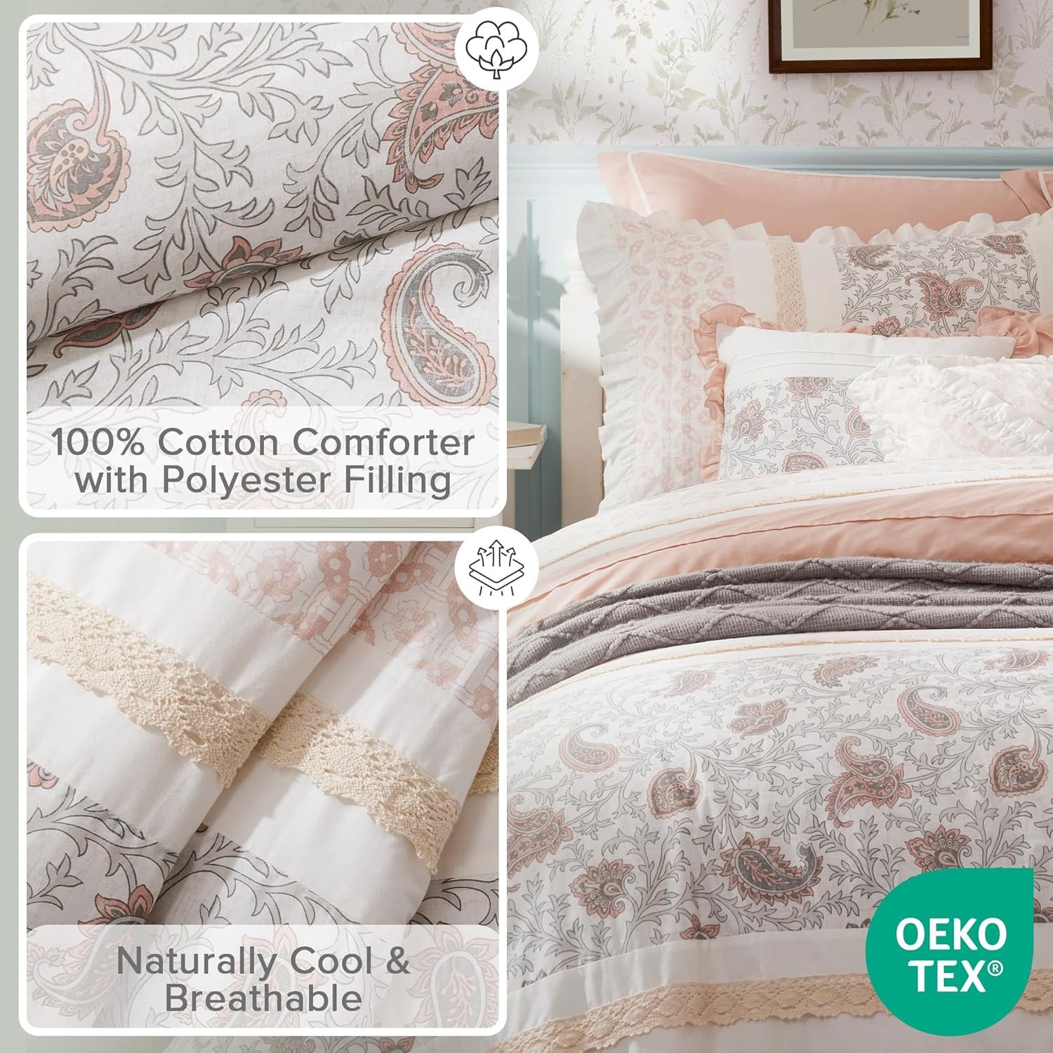 Madison Park Dawn 100% Cotton Shabby Chic Comforter Set-Modern Cottage Design All Season Down Alternative Bedding, Matching Shams, Bedskirt, Decorative Pillows, Queen(90"x90"), Blush 9 Piece - Image 4