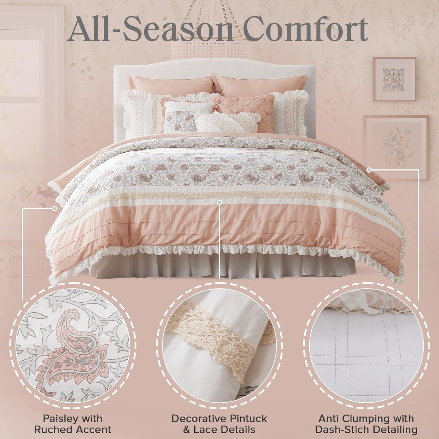 Madison Park Dawn 100% Cotton Shabby Chic Comforter Set-Modern Cottage Design All Season Down Alternative Bedding, Matching Shams, Bedskirt, Decorative Pillows, Queen(90"x90"), Blush 9 Piece - Image 5