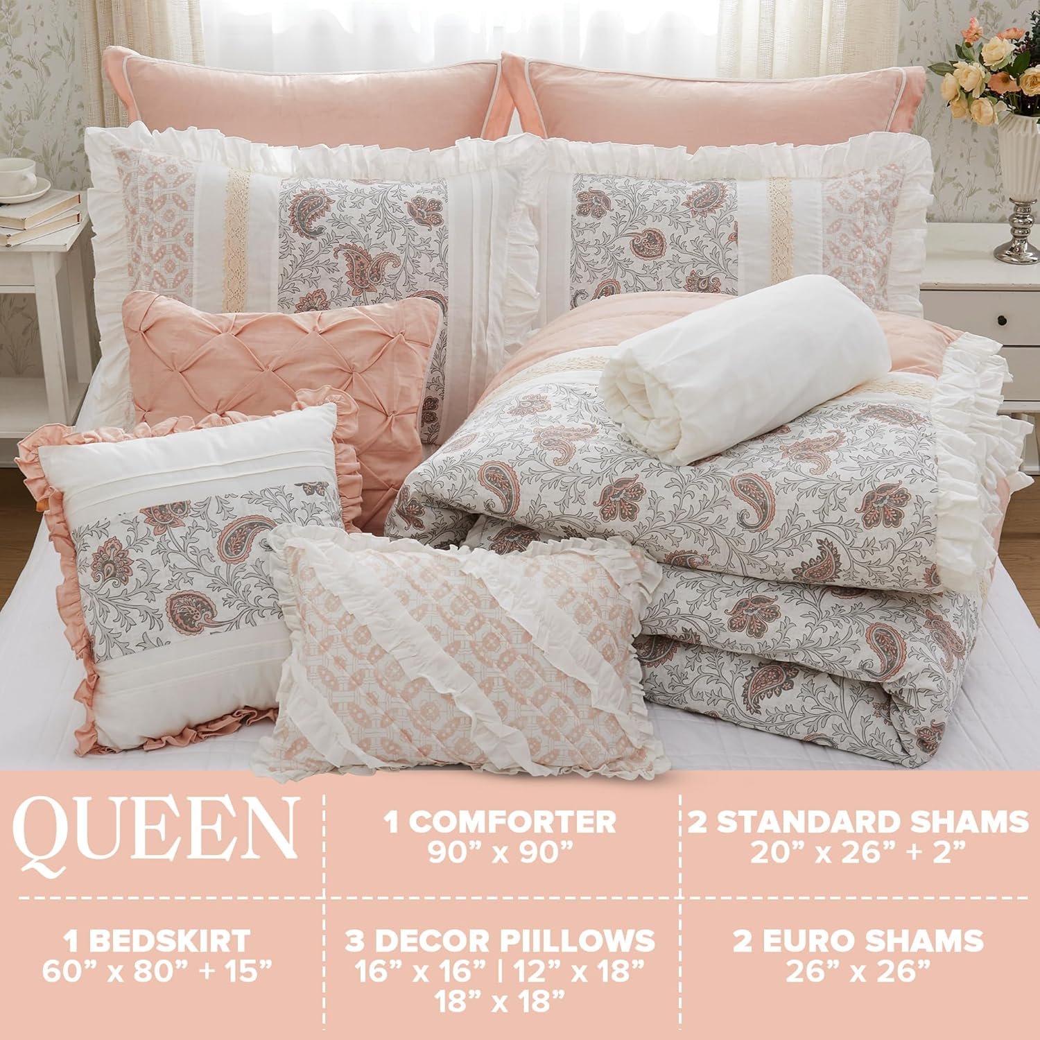 Madison Park Dawn 100% Cotton Shabby Chic Comforter Set-Modern Cottage Design All Season Down Alternative Bedding, Matching Shams, Bedskirt, Decorative Pillows, Queen(90"x90"), Blush 9 Piece - Image 6