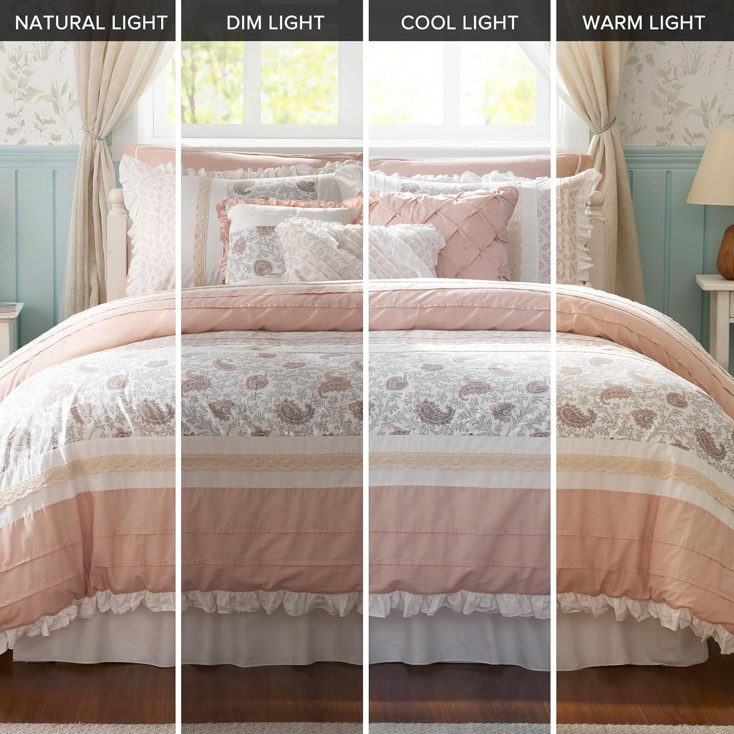 Madison Park Dawn 100% Cotton Shabby Chic Comforter Set-Modern Cottage Design All Season Down Alternative Bedding, Matching Shams, Bedskirt, Decorative Pillows, Queen(90"x90"), Blush 9 Piece - Image 8