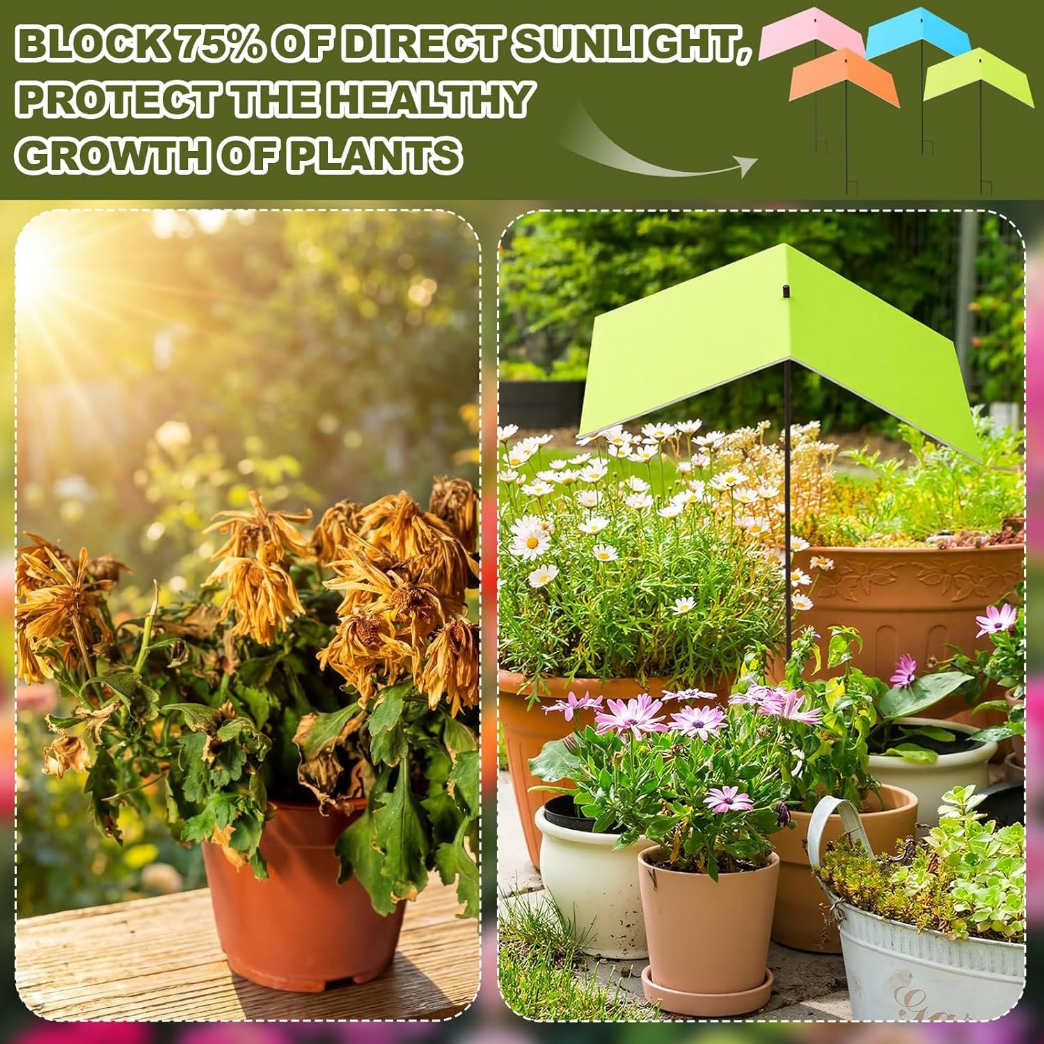 Novabright 4 Pack Plant Shade Umbrellas for Outdoor Plants, 16" x 24" Colorful Sun Shade Cover with Stakes for Potted Plants, Garden Beds & Flowers, UV Protection Umbrella for Plant - Image 4