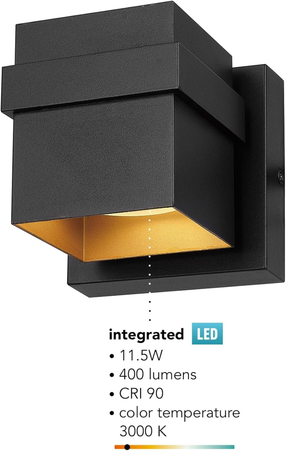 Globe Electric 60000022 11.5W LED Integrated Outdoor Wall Sconce, Matte Black, Gold Accent, 400 Lumens, 3000 Kelvins, 90 CRI, Front or Back Porch Decor, Modern Minimalist Exterior Lighting - Image 6