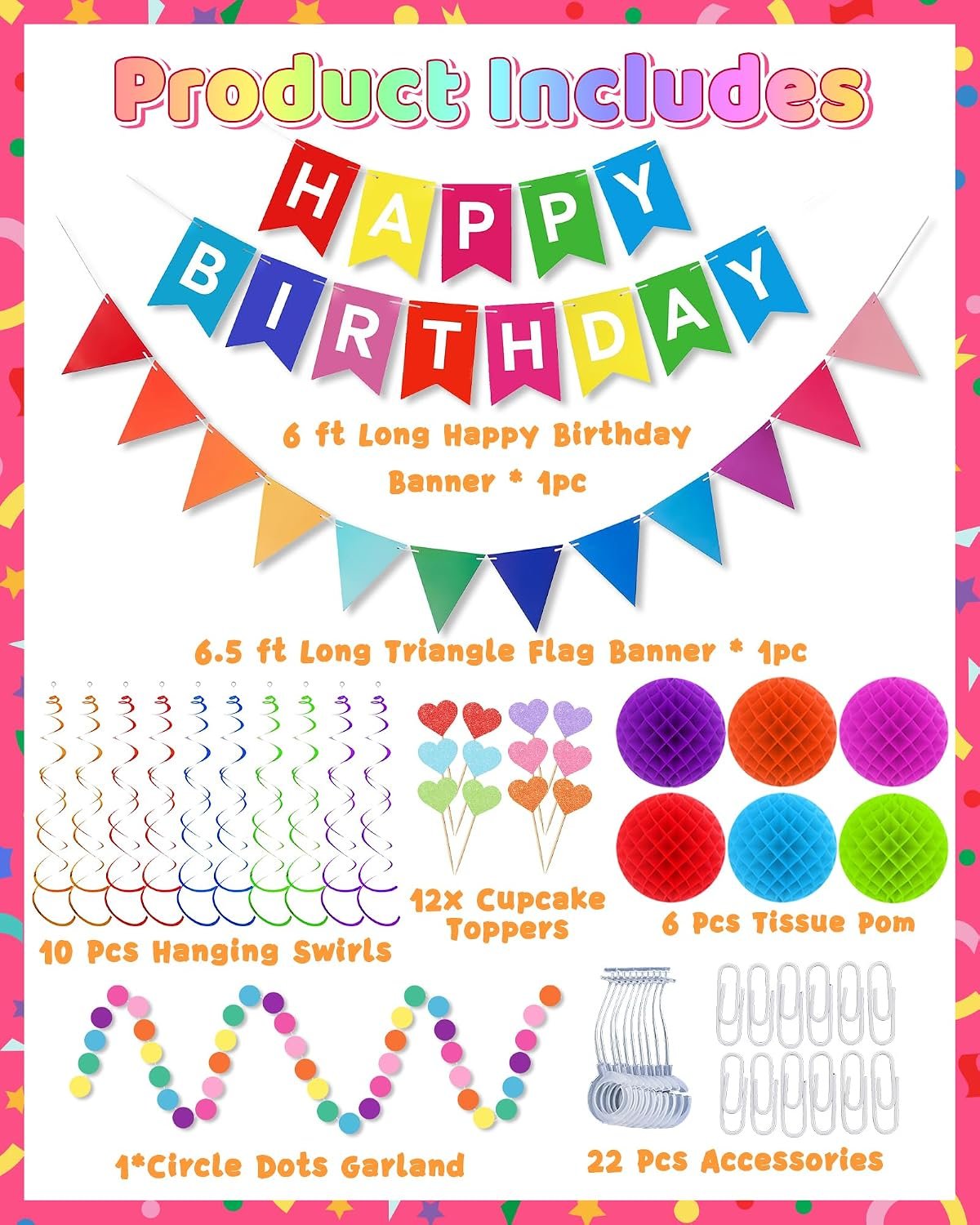 Oomloid Happy Birthday Party Decorations - Colorful Happy Birthday Banner Swirl Streamers Honeycomb Balls Circle Dots Garland Triangle Flag Bunting, Rainbow Decor for Women Men Boys Girls - Image 3