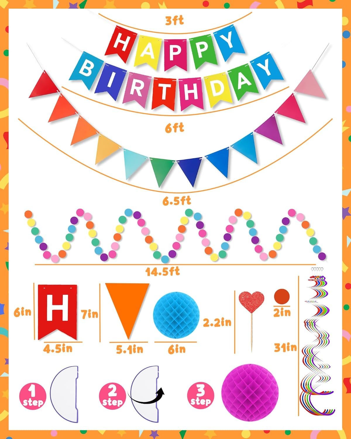 Oomloid Happy Birthday Party Decorations - Colorful Happy Birthday Banner Swirl Streamers Honeycomb Balls Circle Dots Garland Triangle Flag Bunting, Rainbow Decor for Women Men Boys Girls - Image 4