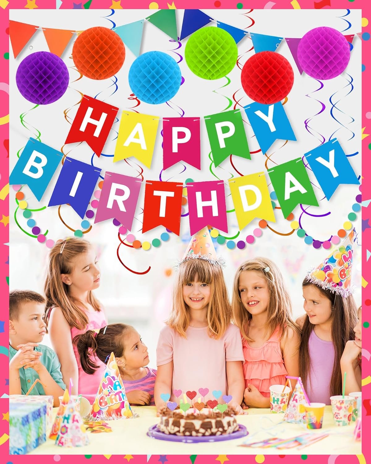 Oomloid Happy Birthday Party Decorations - Colorful Happy Birthday Banner Swirl Streamers Honeycomb Balls Circle Dots Garland Triangle Flag Bunting, Rainbow Decor for Women Men Boys Girls - Image 5