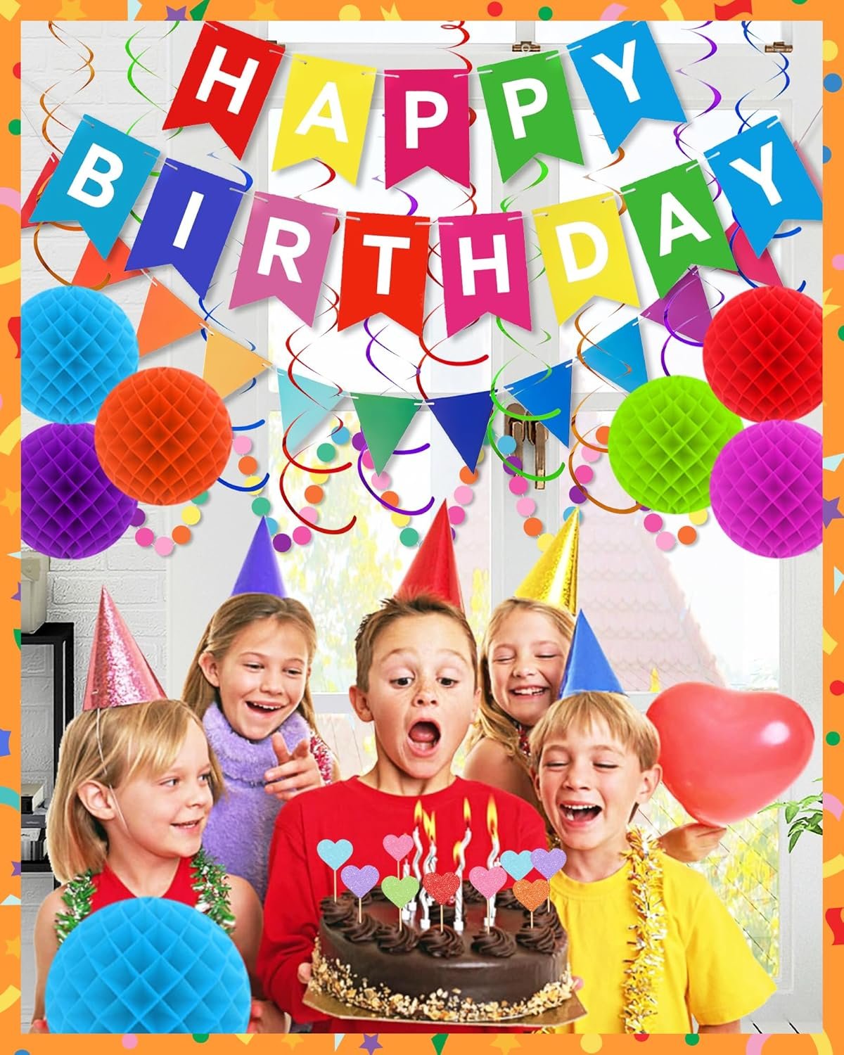 Oomloid Happy Birthday Party Decorations - Colorful Happy Birthday Banner Swirl Streamers Honeycomb Balls Circle Dots Garland Triangle Flag Bunting, Rainbow Decor for Women Men Boys Girls - Image 6