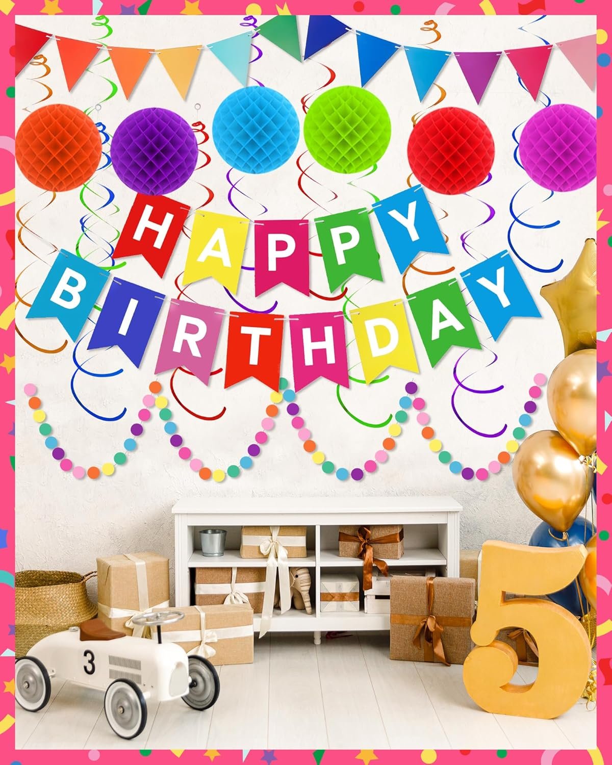 Oomloid Happy Birthday Party Decorations - Colorful Happy Birthday Banner Swirl Streamers Honeycomb Balls Circle Dots Garland Triangle Flag Bunting, Rainbow Decor for Women Men Boys Girls - Image 7