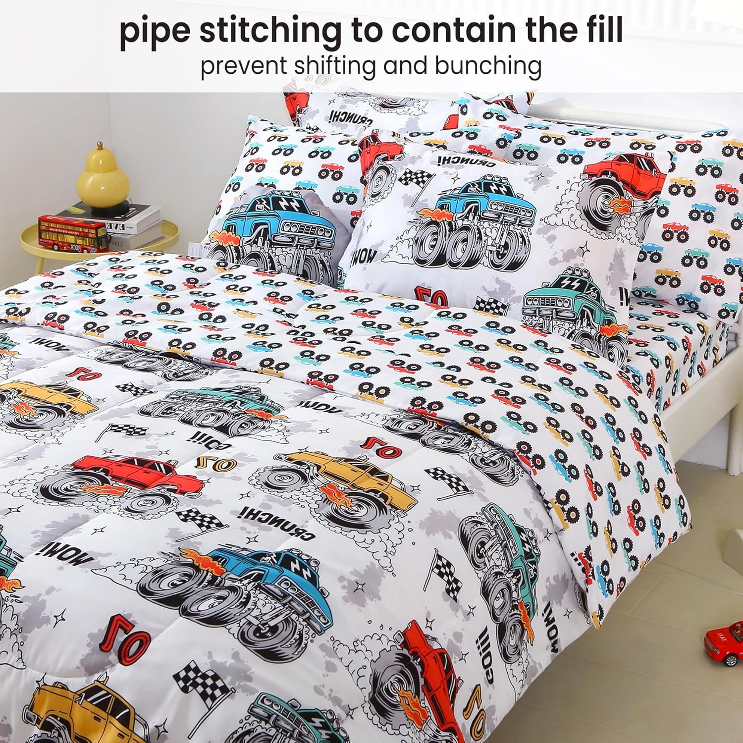 Mooreeke Twin Size Comforter Sets for Boys Kids, 6 Pieces Bed in a Bag Monster Truck Bedding Comforter Sheet Set with Shams and Decorative Toy Pillow, Ultral Soft Microfiber Kids Bed Set - Image 3