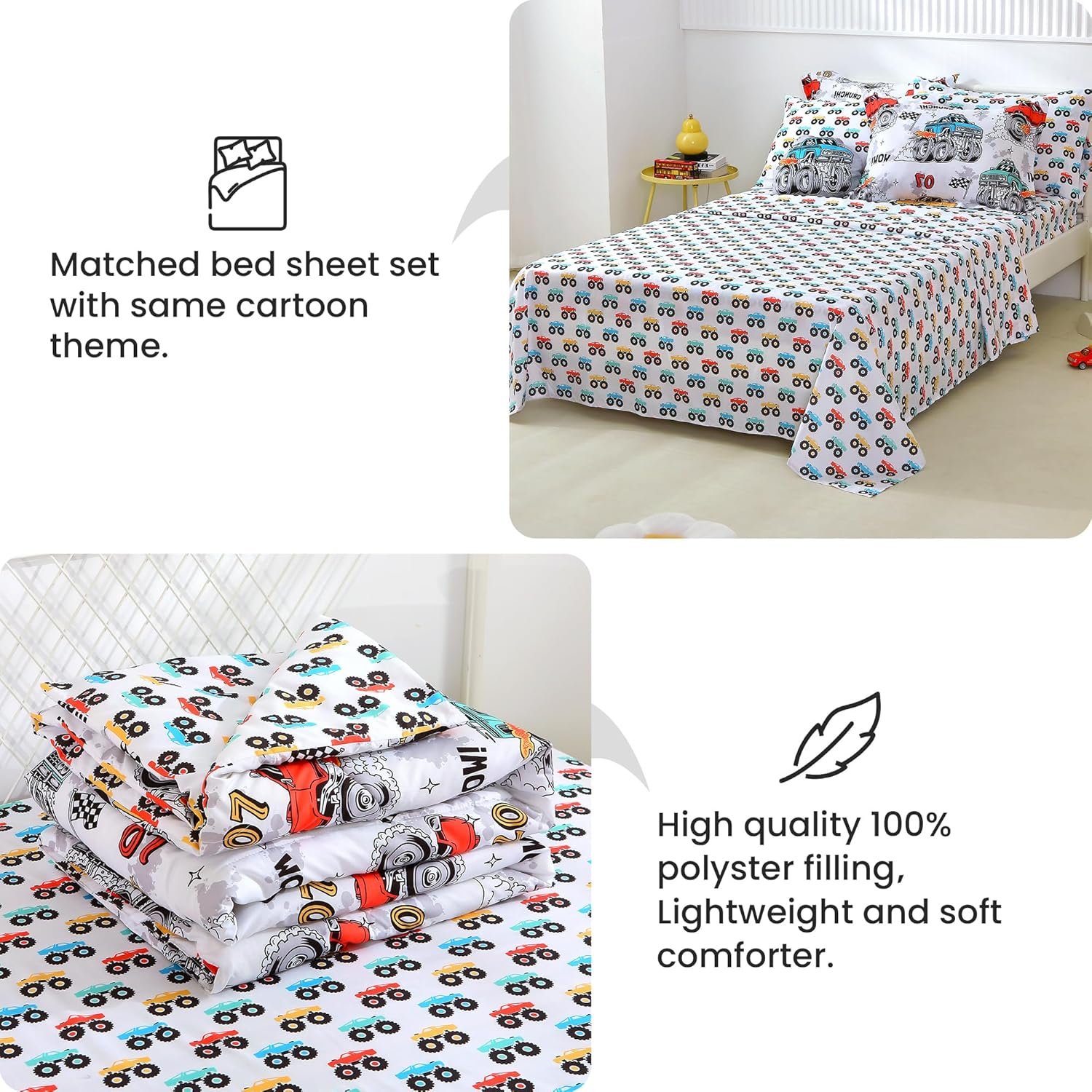 Mooreeke Twin Size Comforter Sets for Boys Kids, 6 Pieces Bed in a Bag Monster Truck Bedding Comforter Sheet Set with Shams and Decorative Toy Pillow, Ultral Soft Microfiber Kids Bed Set - Image 4