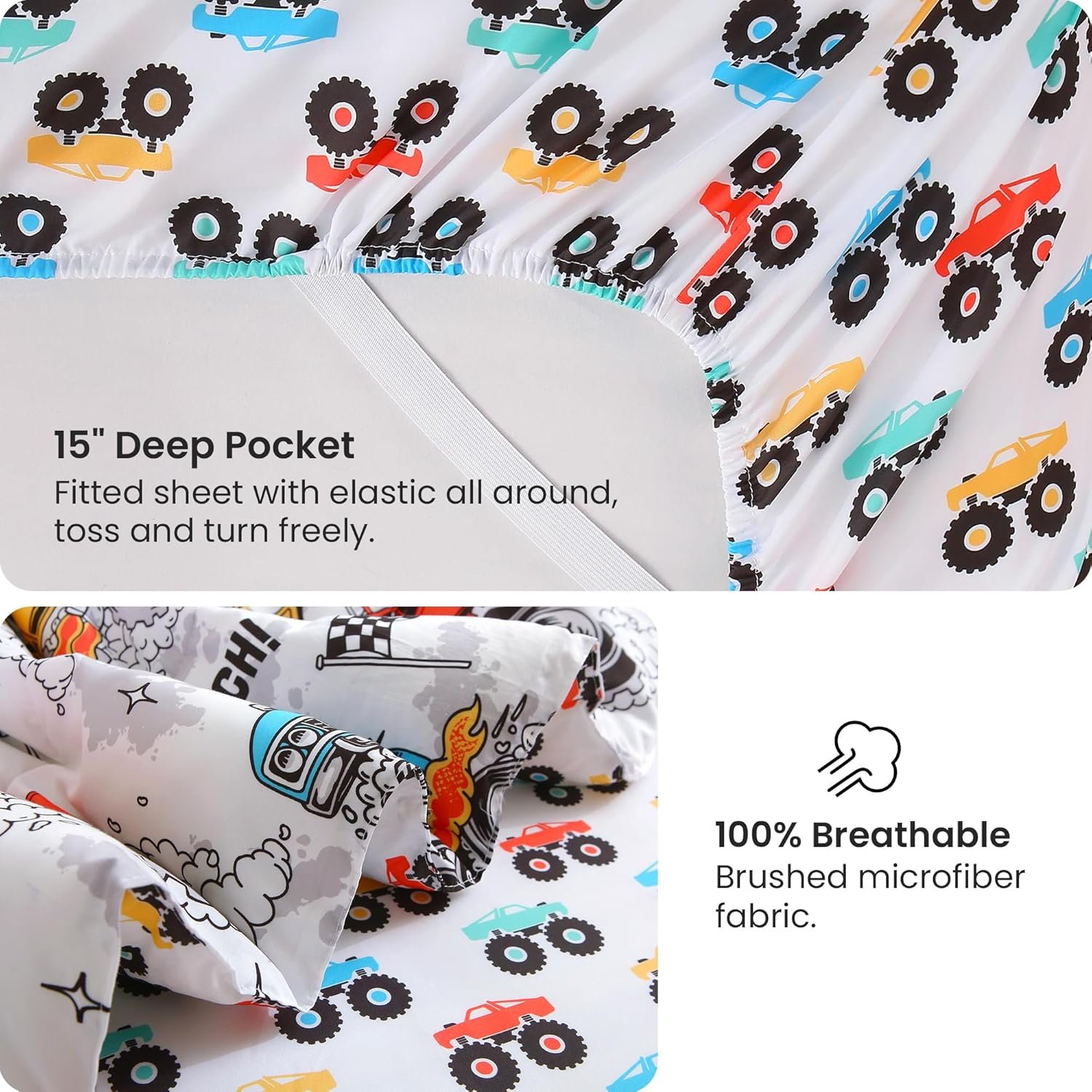 Mooreeke Twin Size Comforter Sets for Boys Kids, 6 Pieces Bed in a Bag Monster Truck Bedding Comforter Sheet Set with Shams and Decorative Toy Pillow, Ultral Soft Microfiber Kids Bed Set - Image 5