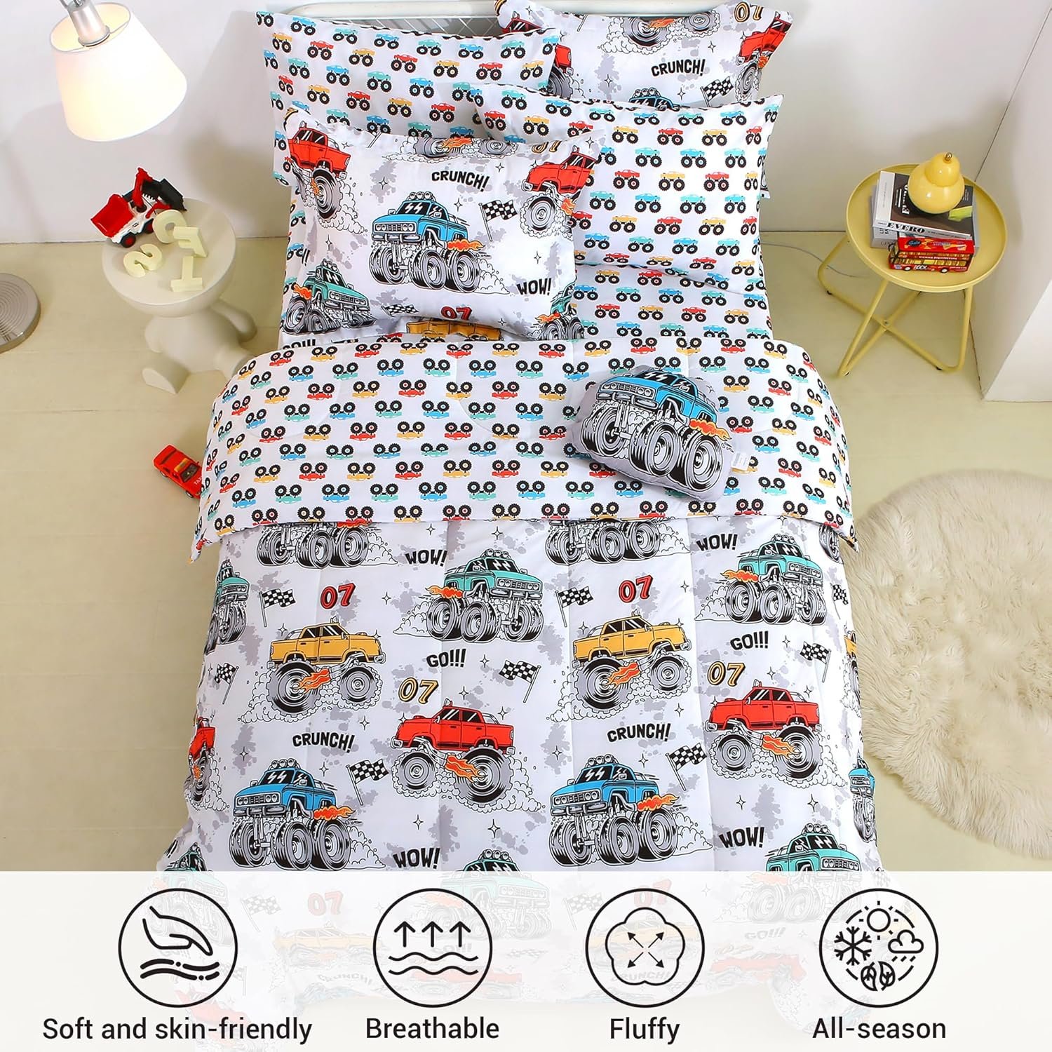 Mooreeke Twin Size Comforter Sets for Boys Kids, 6 Pieces Bed in a Bag Monster Truck Bedding Comforter Sheet Set with Shams and Decorative Toy Pillow, Ultral Soft Microfiber Kids Bed Set - Image 6