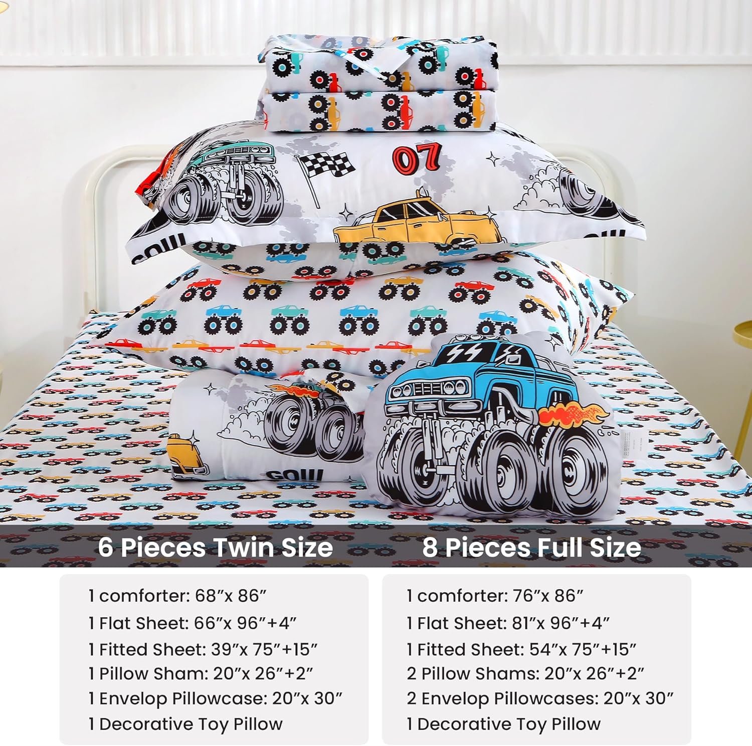 Mooreeke Twin Size Comforter Sets for Boys Kids, 6 Pieces Bed in a Bag Monster Truck Bedding Comforter Sheet Set with Shams and Decorative Toy Pillow, Ultral Soft Microfiber Kids Bed Set - Image 7