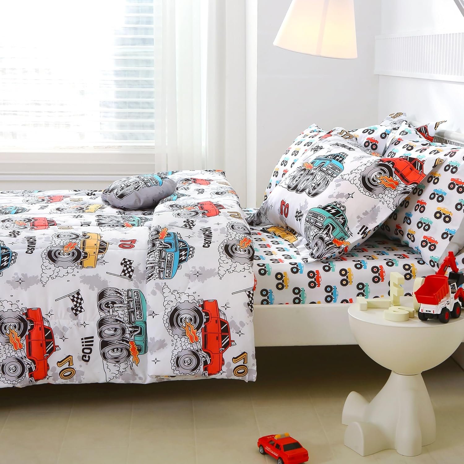 Mooreeke Twin Size Comforter Sets for Boys Kids, 6 Pieces Bed in a Bag Monster Truck Bedding Comforter Sheet Set with Shams and Decorative Toy Pillow, Ultral Soft Microfiber Kids Bed Set - Image 8