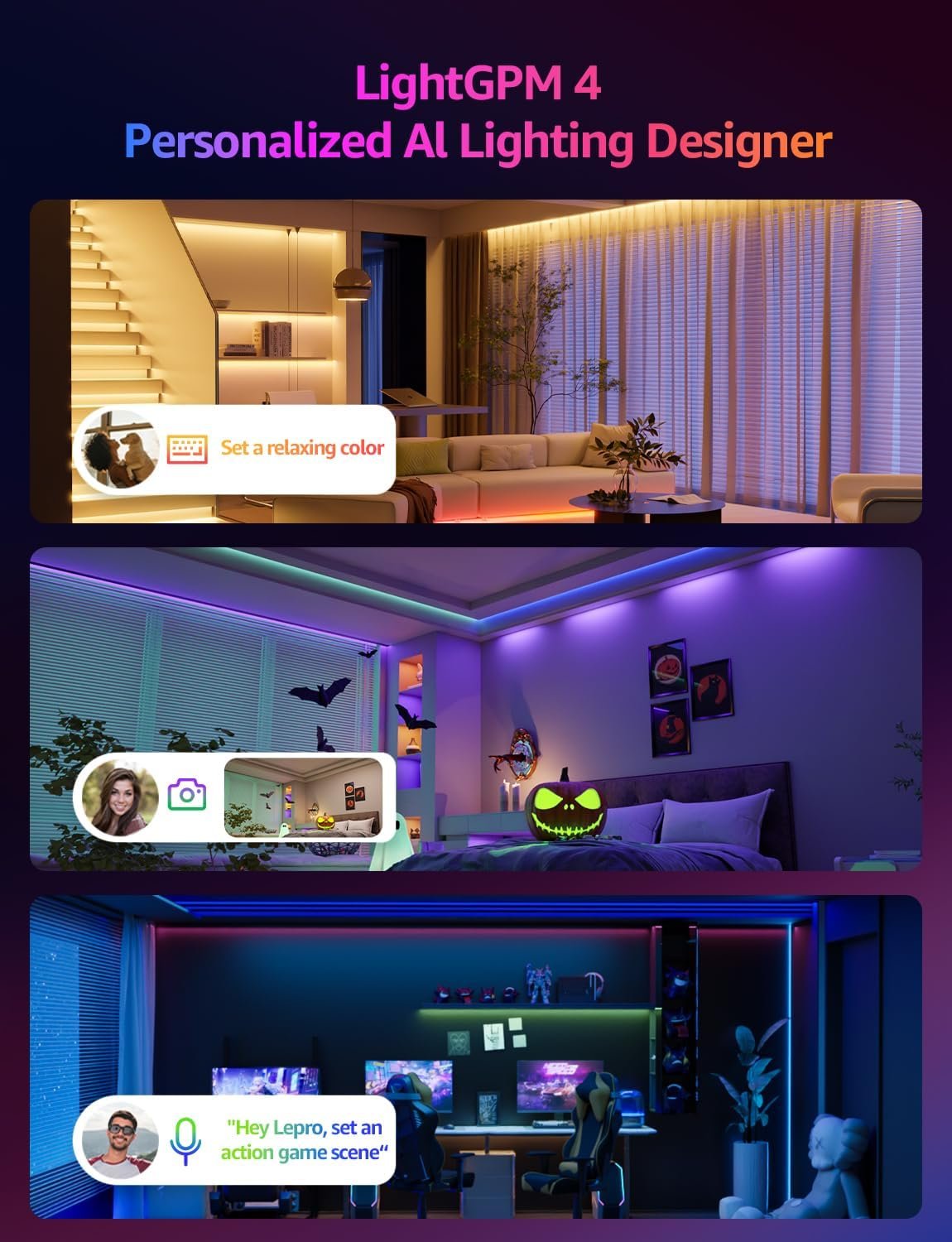 Lepro SE1 AI Smart LED Strip Lights - 65.6ft RGB Color Changing Light Strips with APP Control, AI Generated Lighting, Music Sync, 2.4GHz Wi-Fi & Bluetooth LED Lights for Home Decor (No Remote) - Image 3