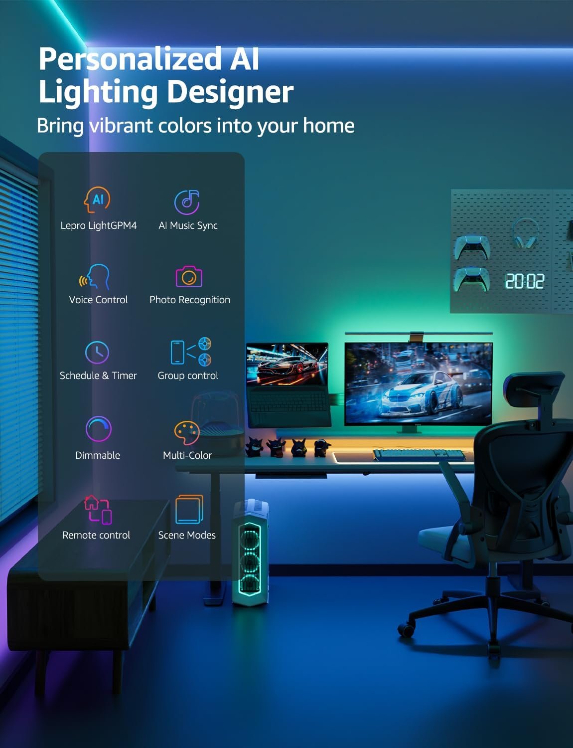 Lepro SE1 AI Smart LED Strip Lights - 65.6ft RGB Color Changing Light Strips with APP Control, AI Generated Lighting, Music Sync, 2.4GHz Wi-Fi & Bluetooth LED Lights for Home Decor (No Remote) - Image 10