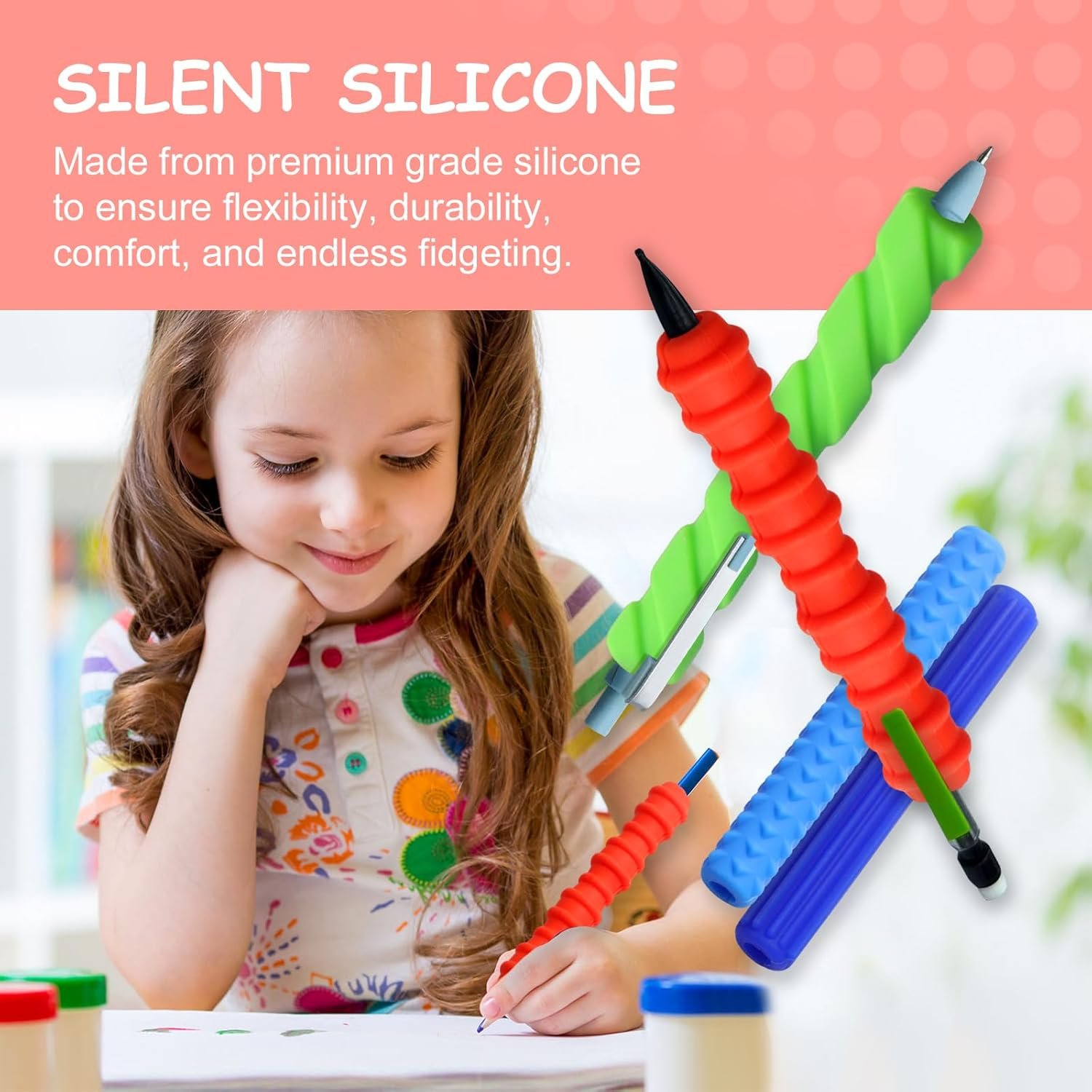 Pencil Grips, 4-Pack Textured Silicone Sleeves for Mechanical Pencils, Sensory Fidget ADHD Tool for Kids and Adults, Quiet Fidget Tools for Classroom Focus, Anxiety Relief (Colorful) - Image 4