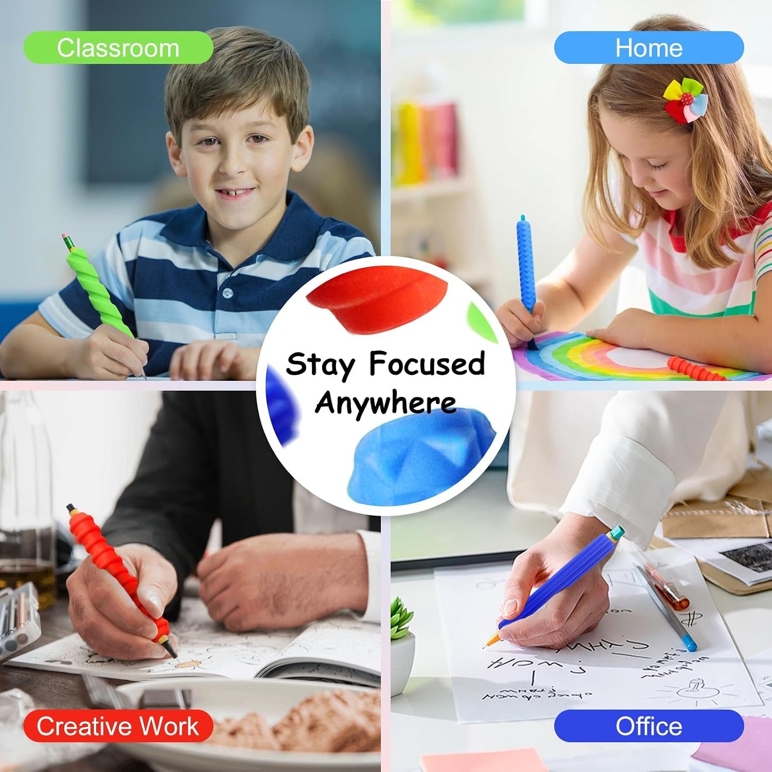 Pencil Grips, 4-Pack Textured Silicone Sleeves for Mechanical Pencils, Sensory Fidget ADHD Tool for Kids and Adults, Quiet Fidget Tools for Classroom Focus, Anxiety Relief (Colorful) - Image 6