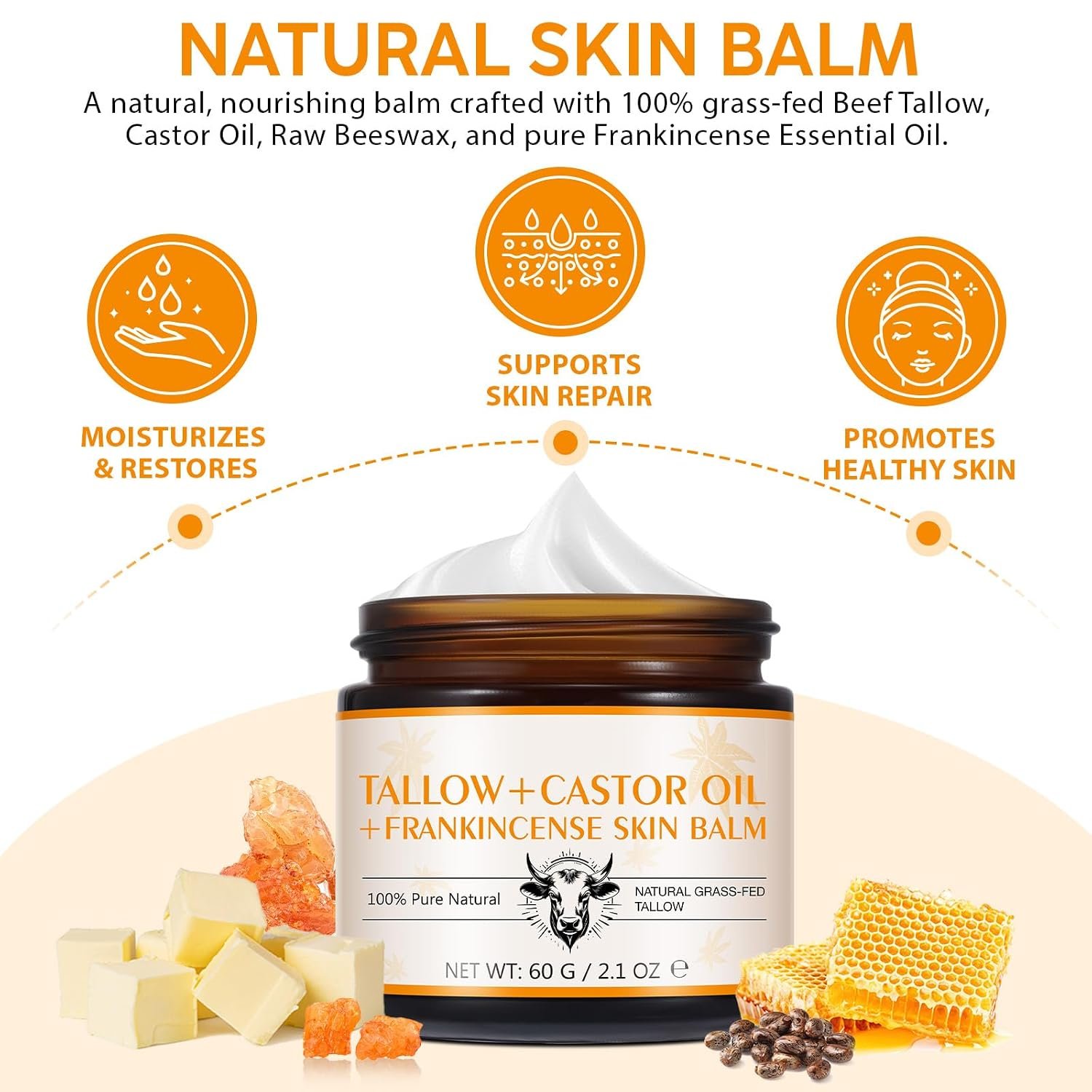 Tiuedu Tallow, Castor Oil and Frankincense Oil Skin Balm, 100% Grass-Fed Tallow for Face & Body Moisturizer, Deep Moisturizing Cream, Moisturizer for Dry, Cracked Skin, All Skin Types - Image 3