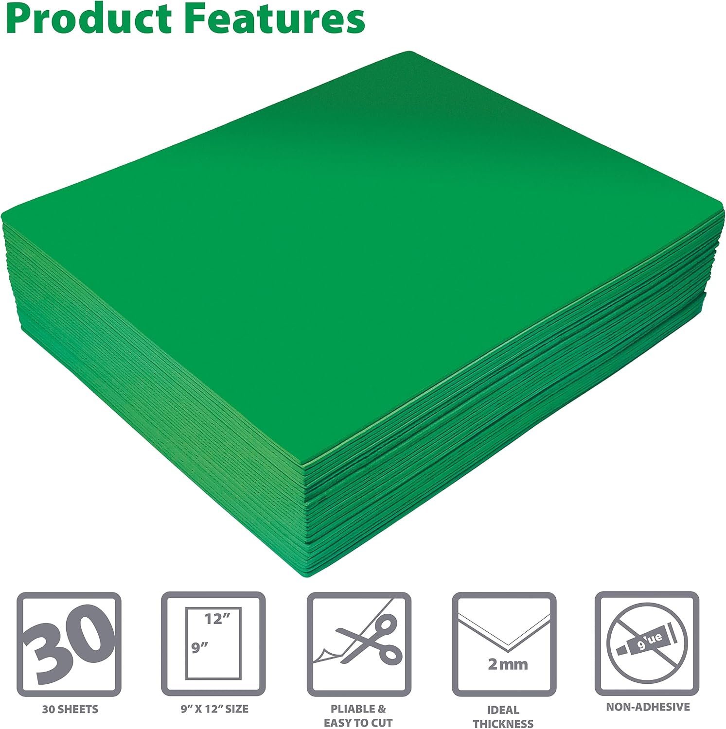 Better Office Products Green EVA Foam Sheets, 30 Pack, 2mm Thick, 9 x 12 Inch, Green Color, for Arts and Crafts, 30 Sheets Bulk Pack - Image 3