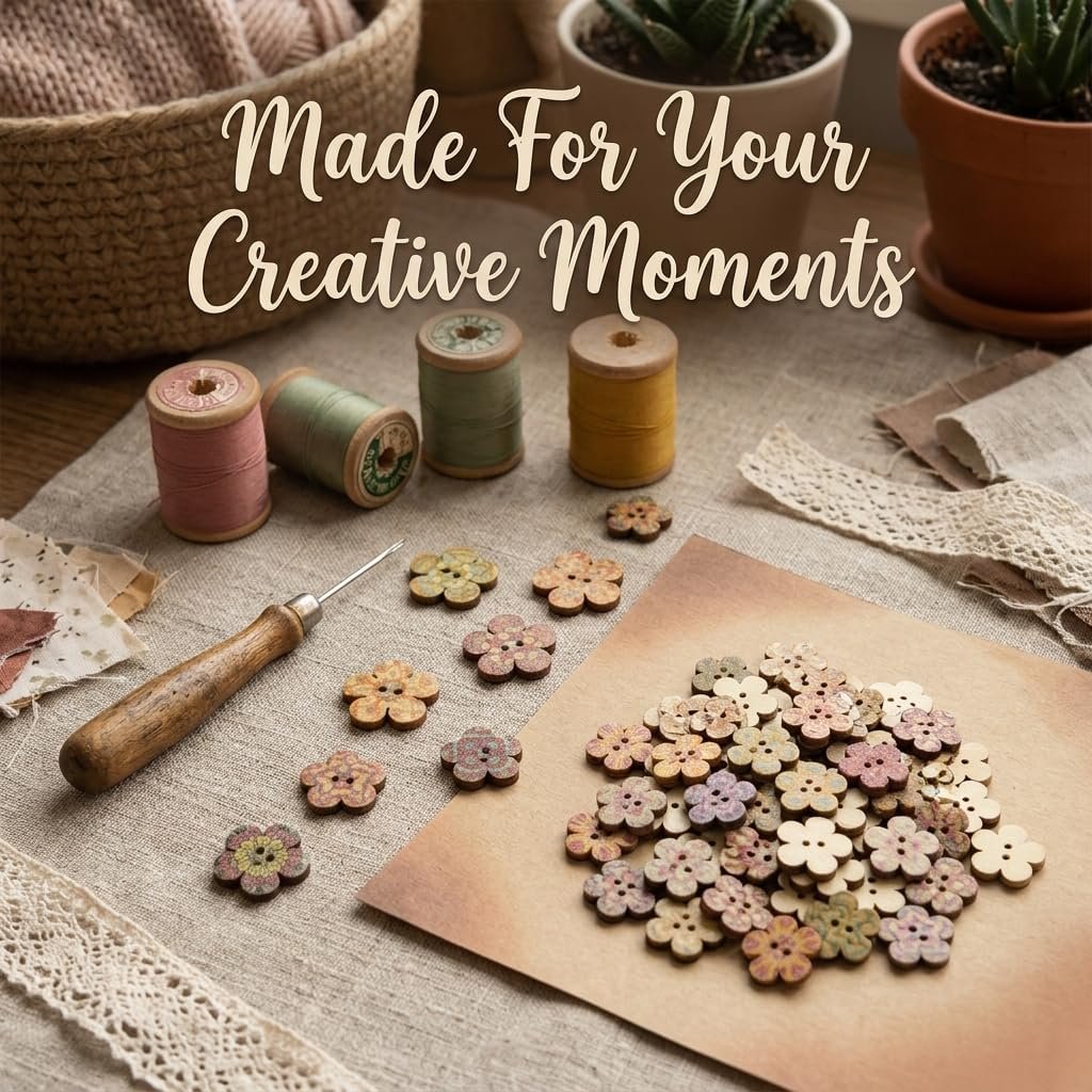 100 Pcs Wooden Flower Buttons for Crafts - 2-Hole Decorative Floral Buttons for DIY Sewing, Scrapbooking & Knitting, Random Assorted Patterns, 20mm Large Wooden Fasteners for Art Projects - Image 3