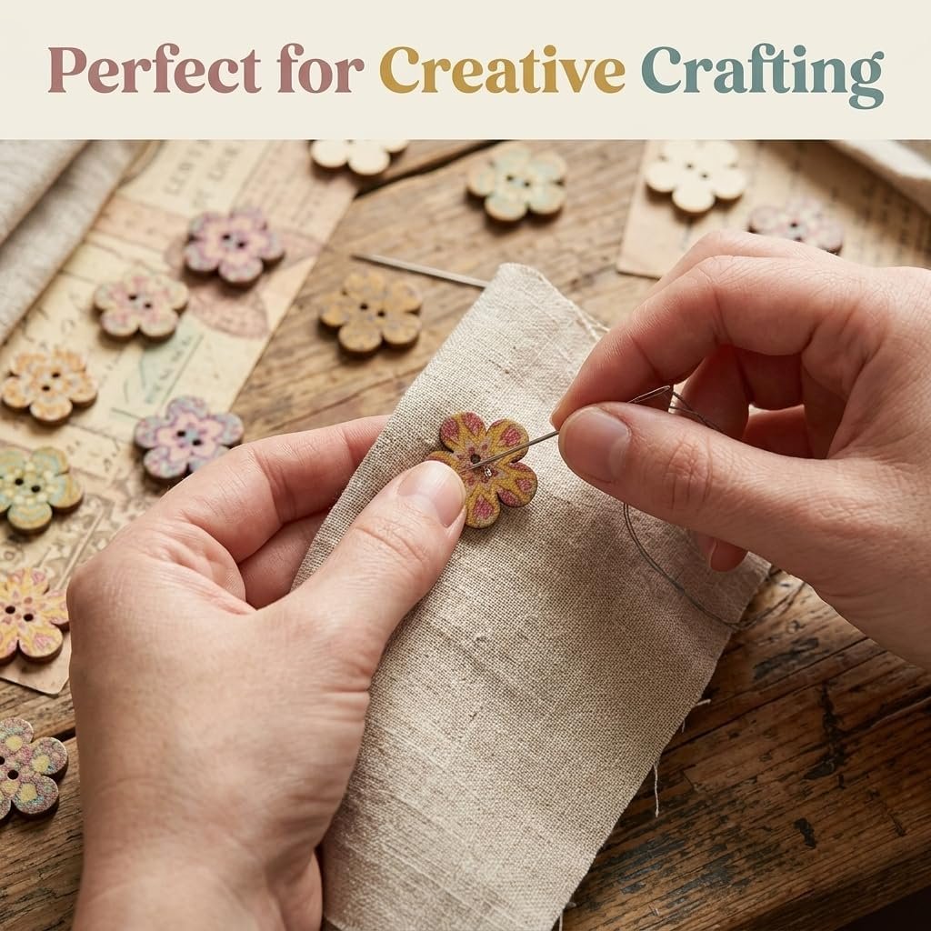 100 Pcs Wooden Flower Buttons for Crafts - 2-Hole Decorative Floral Buttons for DIY Sewing, Scrapbooking & Knitting, Random Assorted Patterns, 20mm Large Wooden Fasteners for Art Projects - Image 4