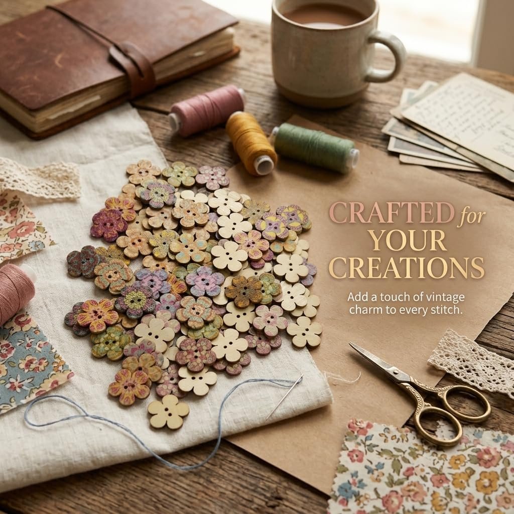 100 Pcs Wooden Flower Buttons for Crafts - 2-Hole Decorative Floral Buttons for DIY Sewing, Scrapbooking & Knitting, Random Assorted Patterns, 20mm Large Wooden Fasteners for Art Projects - Image 5