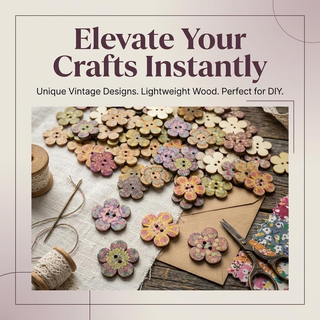100 Pcs Wooden Flower Buttons for Crafts - 2-Hole Decorative Floral Buttons for DIY Sewing, Scrapbooking & Knitting, Random Assorted Patterns, 20mm Large Wooden Fasteners for Art Projects - Image 6