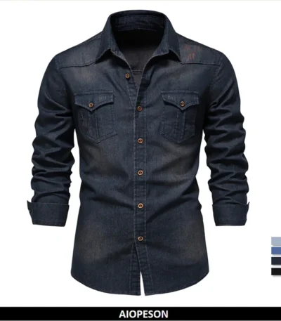 AIOPESON Brand Elastic Cotton Denim Shirt Men Long Sleeve Quality Cowboy Shirts for Men Casual Slim Fit Mens Designer Clothing 1
