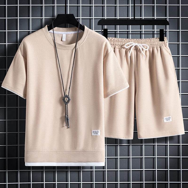 Summer Men’s Waffle Sets Casual T-Shirt And Shorts Set Male Sports Suit Solid Color Tracksuit Loose Suits Summer Men’s Waffle Sets Casual T-Shirt And Shorts Set Male Sports Suit Solid Color Tracksuit Loose Suits