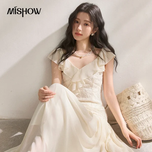 MISHOW Jacquard Lace Splicing Chiffon Dress For Women Summer 2026 V-Neck Ruffles Flying Sleeve Dress Romantic Female MXF24L2678
