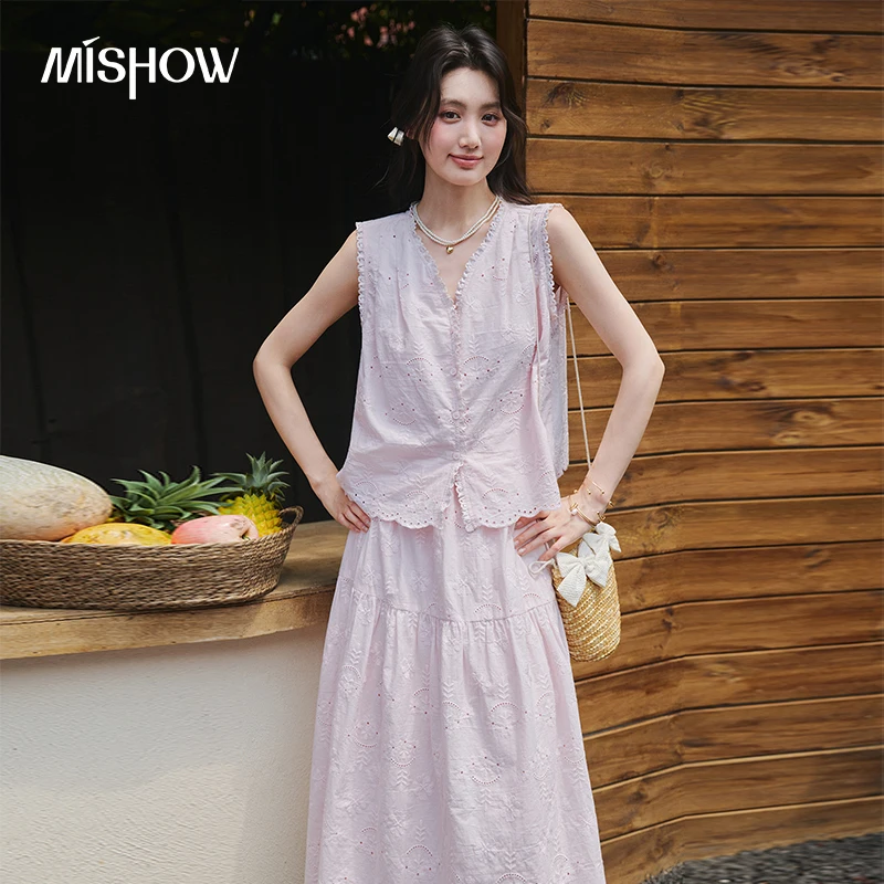 MISHOW 100% Cotton Eyelet Embroidery 2 Pcs Sets Summer V Neck Ruffle Sleeveless Vest High Waist A Line Midi Skirt Set MXF28T1684 1