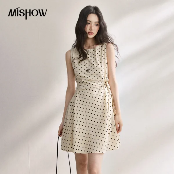 MISHOW 2026 Summer New Women Retro Polka Dot Dress Sleeveless Waist Belt Slim A-Line Party Gentle Mini Dress Apricot MXF22L2610