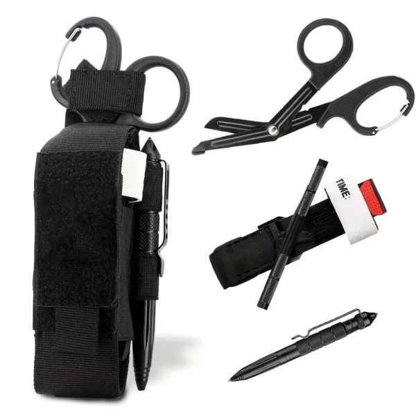 4Pcs Tourniquet Sets First Aid Kit Tourniquet Survival Set Outdoor Tourniquet, Molle Bag, Professional Scissors and EDC Pen