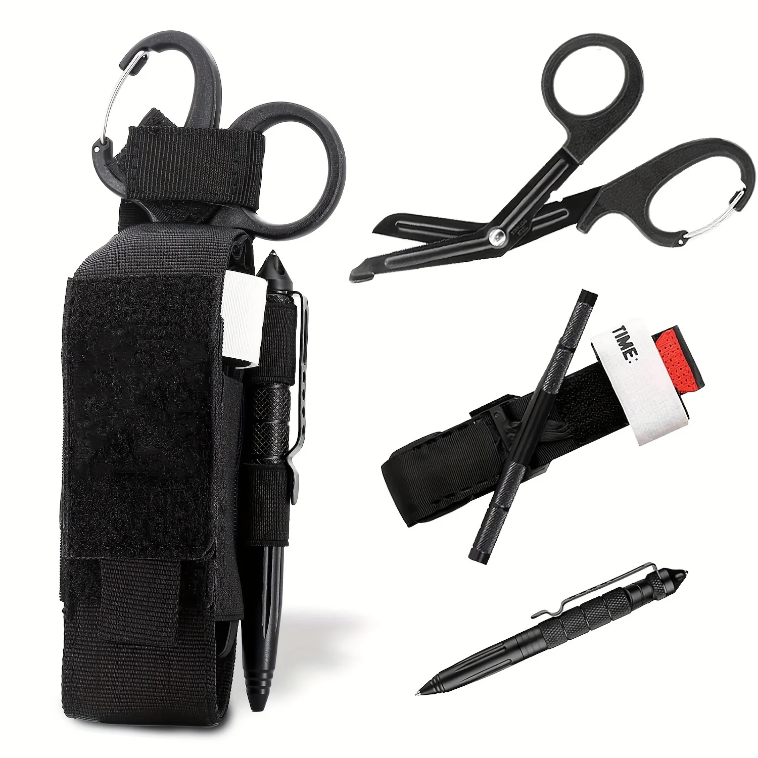 4Pcs Tourniquet Sets First Aid Kit Tourniquet Survival Set Outdoor Tourniquet, Molle Bag, Professional Scissors and EDC Pen 4Pcs Tourniquet Sets First Aid Kit Tourniquet Survival Set Outdoor Tourniquet, Molle Bag, Professional Scissors and EDC Pen