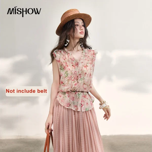 MISHOW Women’s Floral Print Blouse 2026 Summer French V Neck Ruffle Sleeveless Blouses Loose Slim Sweet Casual Top MXF28X2735