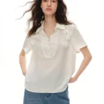 DUSHU 2026 Summer Women Linen Texture Cut-Out Blouse Short Sleeve Floral Embroidered Top Fairycore Nature Inspired Office Style