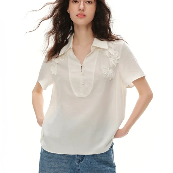 DUSHU 2026 Summer Women Linen Texture Cut-Out Blouse Short Sleeve Floral Embroidered Top Fairycore Nature Inspired Office Style